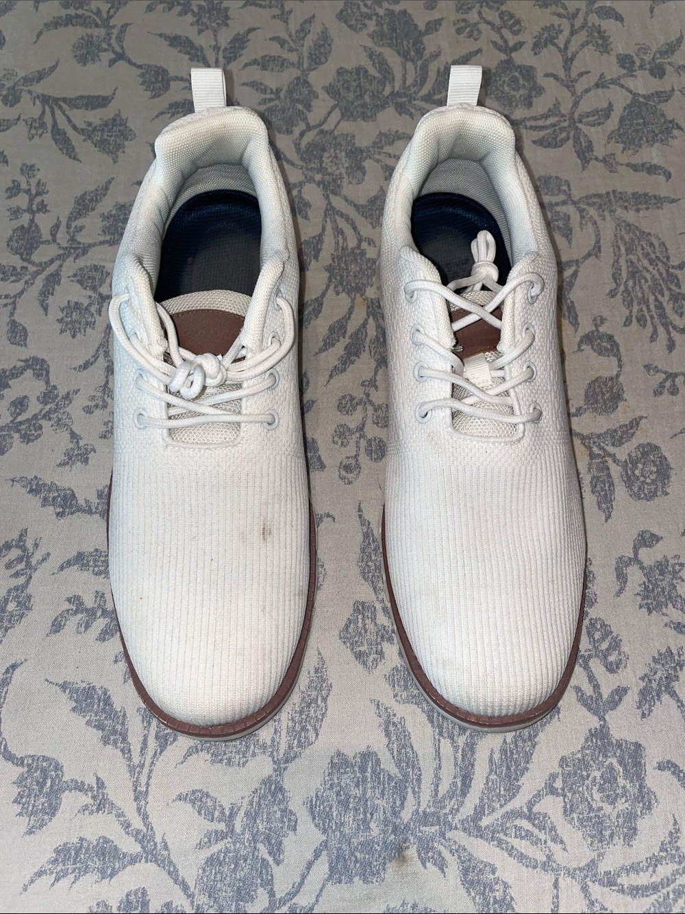 Men's White Knit Lace-Up Sneakers with Brown Trim